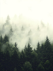 Misty landscape with mountains and dark moody fir forest in hipster vintage retro style