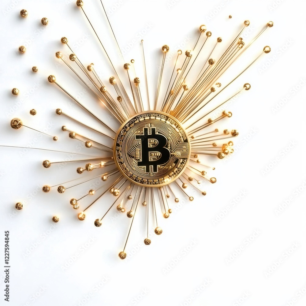 Poster a striking visual of a bitcoin surrounded by golden rays, symbolizing digital currency and the explo