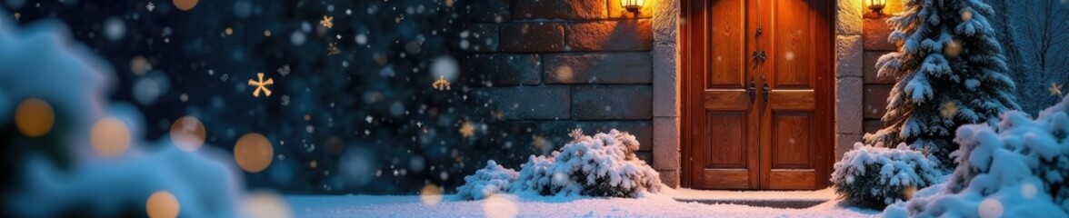 snowflakes and icicles decorating a wooden door entrance, frosty, wooden door, winter wonderland