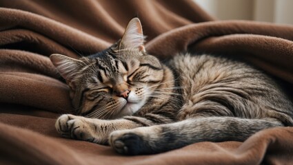 Sleeping cat on cozy blanket indoor pet photography soft light close-up view relaxation concept