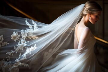 A wedding veil flowing down a staircase, its lengthy fabric adorned with intricate lace patterns
