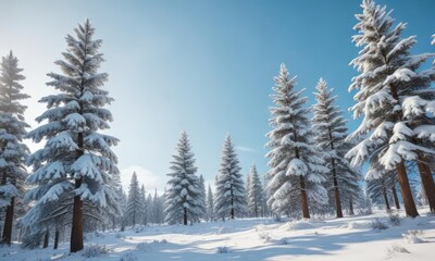 Naklejka premium Snow-covered pine trees against a pale blue sky, outdoor, serene, cold, pine trees