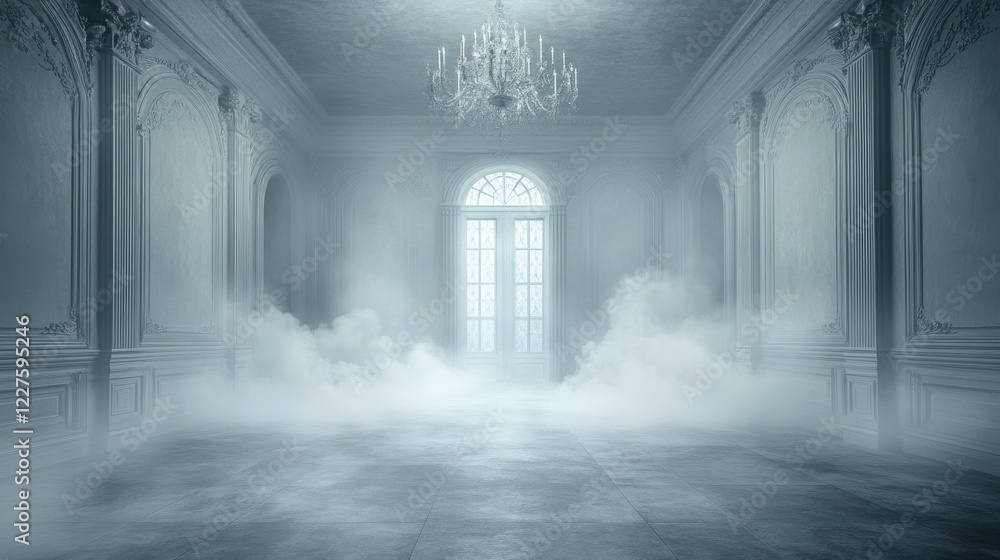 Poster a misty, elegant room with a chandelier and large window, creating a mysterious atmosphere.
