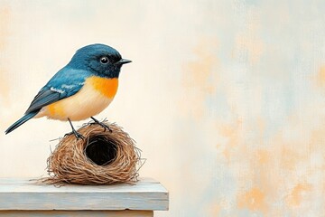 A whimsical design of a small bird staring at an empty nest, symbolizing insufficient materials, with soft, colorful tones on a white canvas