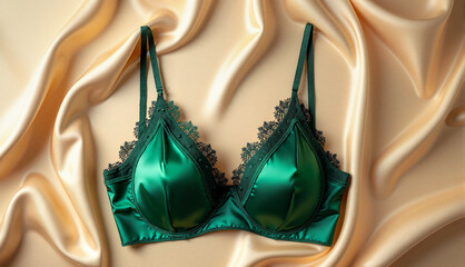 Elegant green lace bra displayed beautifully on smooth satin fabric