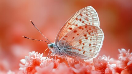 Fototapeta premium Butterfly feeding flower coral background nature