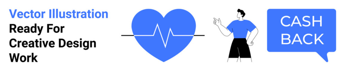 Obraz premium Blue heart with ECG line, speech bubble with cash back text, man pointing in casual pose. Ideal for health, finance, marketing, lifestyle, fitness, communication promotions flat landing page banner