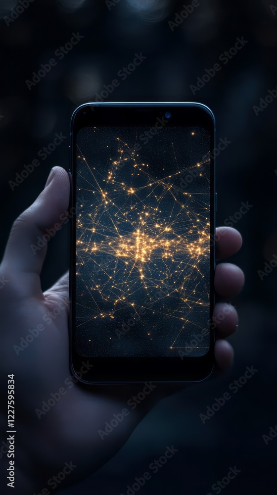 Poster a hand holding an smartphone with the screen showing yellow glowing data points in space, representi