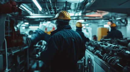 Obraz premium people working with machinery with helmets. industry concept