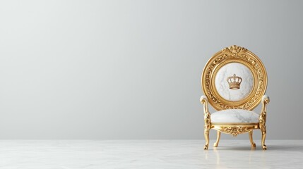 An ornate golden chair with a crown emblem on a marble floor against a minimalist backdrop.