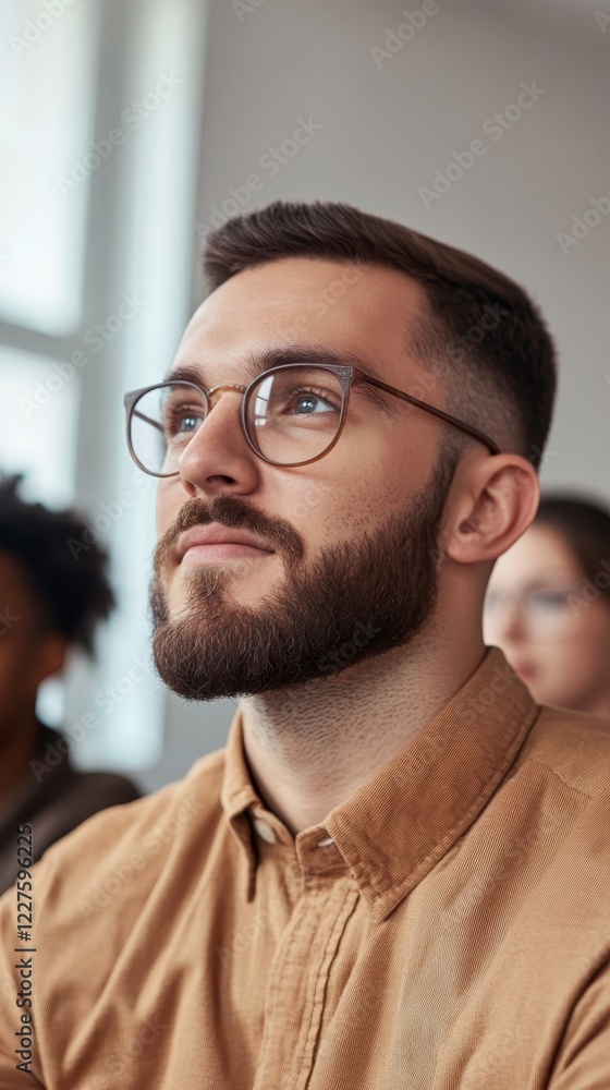 Poster engaged student listening intently during a lecture in a modern classroom setting