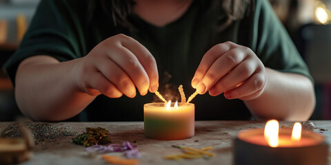 Person Lighting Layered Candle with Wax Matches