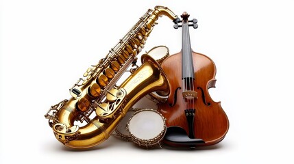 Obraz premium Golden Saxophone and Wooden Violin with Hand Drum on White Background