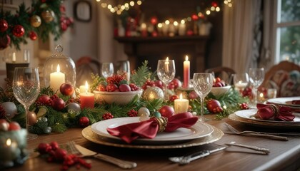 Glittering ornaments and garlands adorn a festive holiday table with a delicious feast, merry moment, festive decoration, holiday table