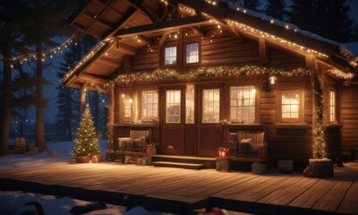 Fototapeta premium Glittering festive lights and decorations on a cozy cabin, sparkly ornaments, icy gaze, snug retreat