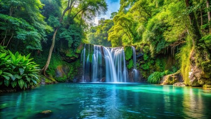 Serene waterfall cascading into a crystal-clear pool amidst dense foliage of tall trees and vibrant greenery, peaceful