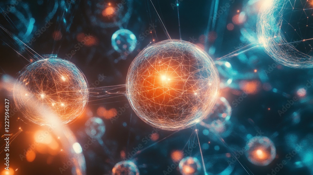 Poster abstract digital network with transparent spheres connected by glowing lines in a futuristic style