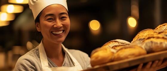 Baker in kitchen holding freshly baked bread with warm lighting, showcasing artisan products and passion for baking, ideal for culinary and food-related projects.