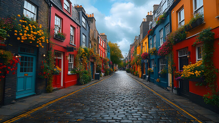 A highly detailed photography capturing the vibrant streets of Dublin, with colorful Georgian doors, cobblestone paths, and hanging flower baskets, showcasing the charm of the city.