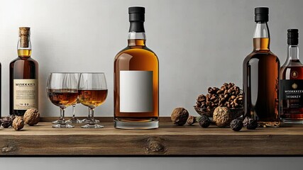 Elegant whiskey display on wooden shelf with glasses and nuts