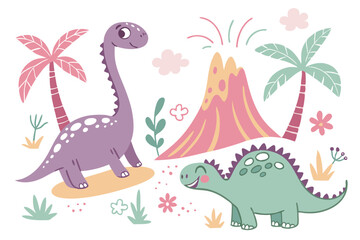 Cute cartoon dinosaurs, colorful prehistoric creatures, hand-drawn style, childlike doodles, playful illustration, pastel colors, purple pterodactyl, pink brachiosaurus, green stegosaurus, erupting vo