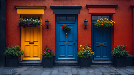 Fototapeta premium A highly detailed photography capturing the vibrant streets of Dublin, with colorful Georgian doors, cobblestone paths, and hanging flower baskets, showcasing the charm of the city.
