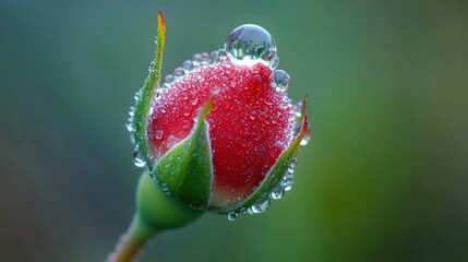 Dew-covered rosebud, garden, sunrise, bokeh background; greeting card