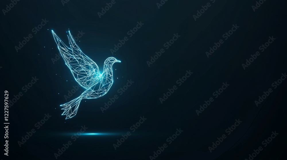 Poster a digital representation of a bird in flight, created with a wireframe effect.