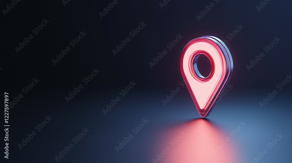 Poster a glowing location pin icon on a dark surface, symbolizing navigation and mapping.