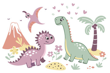 Cute cartoon dinosaurs, colorful prehistoric creatures, hand-drawn style, childlike doodles, playful illustration, pastel colors, purple pterodactyl, pink brachiosaurus, green stegosaurus, erupting vo