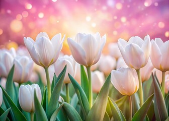 Fototapeta premium Aerial View of Fresh White Tulips on Pink Background - Purity and Tenderness