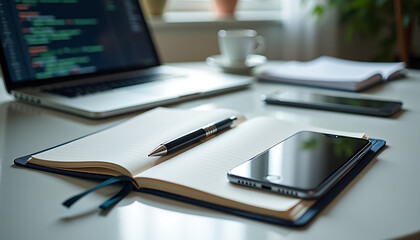 Flat lay of a programming notebook, pen, and smartphone on a desk with a subtle code background on the screen and soft natural light