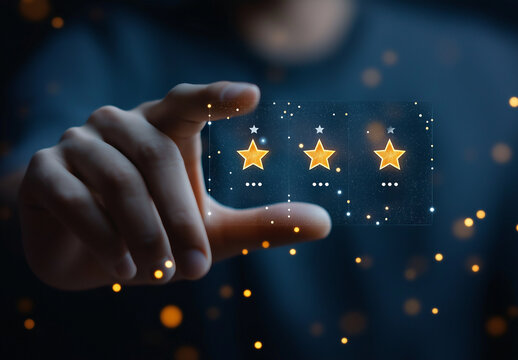 Customer Feedback and Star Review Concept: Business Professional Interacting with Digital Testimonials and User Comments