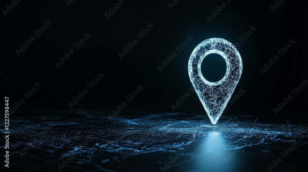 Poster a glowing digital location pin on a dark background, symbolizing navigation and mapping.