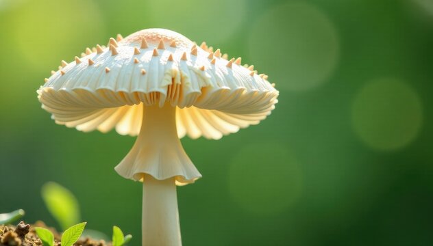 Delicate white petals surrounding the stem of a parasola conopilea mushroom, parasola conopilea, nature