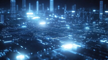 Obraz premium Futuristic digital network with glowing digital fibers over a city at night, creating a cybernetic cityscape