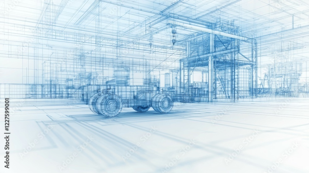 Poster a blueprint-style rendering of a vehicle in an industrial setting.