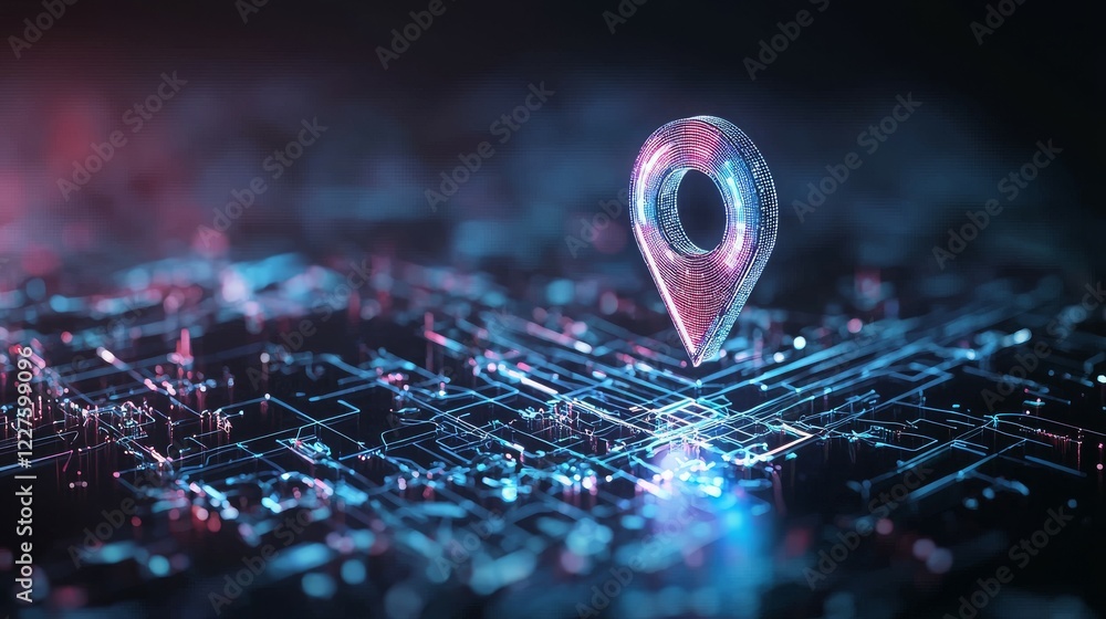 Aufkleber a glowing location pin on a digital circuit background, symbolizing navigation and technology.