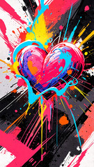 Obraz premium Bold Abstract Love Painting in Red and Blue with Paint Splashes for Creative Expression heart shaped illustration retro wallpaper