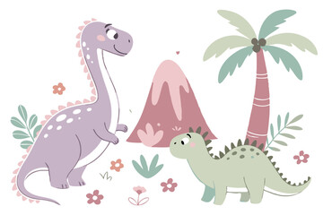 Cute cartoon dinosaurs, colorful prehistoric creatures, hand-drawn style, childlike doodles, playful illustration, pastel colors, purple pterodactyl, pink brachiosaurus, green stegosaurus, erupting vo