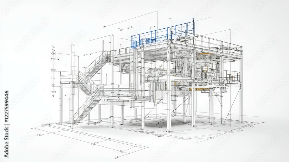 Aufkleber technical drawing of an industrial structure with detailed measurements and design elements.