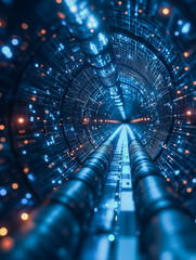 Into the Quantum Realm: Journey through a mesmerizing digital tunnel, vibrant with electric blue light and intricate technological details. The perspective creates a sense of depth and wonder.