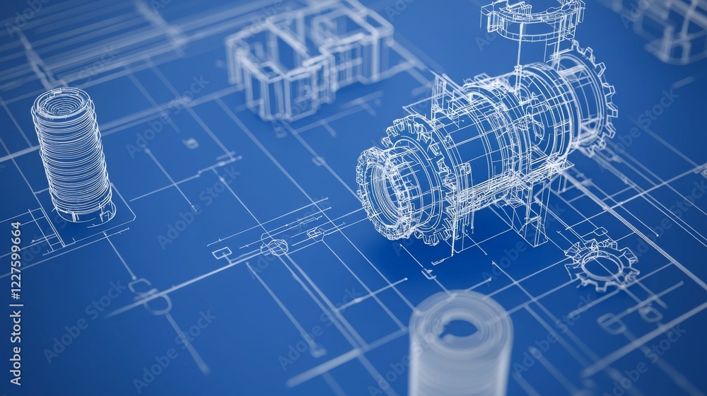 Poster blueprint design featuring mechanical components and engineering elements.