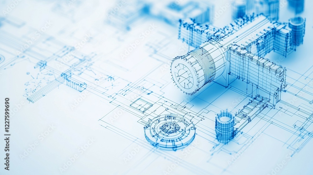 Poster blueprint of a complex mechanical design showcasing engineering details.
