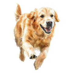 Golden retriever dog running watercolor on transparent background