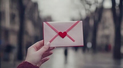 Hand Holding Love Letter with Red Heart Seal in Urban Setting