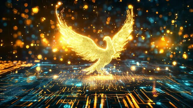 A magnificent golden phoenix rises gracefully over an electrifying digital world filled with intricate patterns and glowing lights