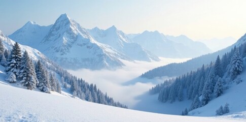 Snowy mountain landscape shrouded in soft white fog, misty, alpine, serene