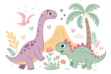 Cute cartoon dinosaurs, colorful prehistoric creatures, hand-drawn style, childlike doodles, playful illustration, pastel colors, purple pterodactyl, pink brachiosaurus, green stegosaurus, erupting vo
