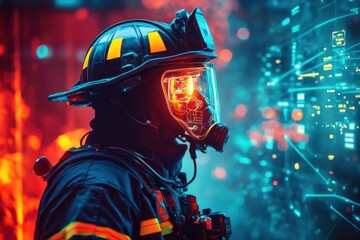 Innovative firefighter in high-tech environment during emergency response training